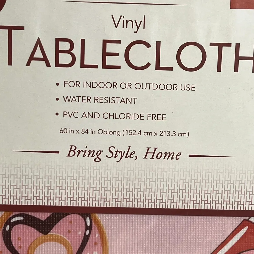 Huntington Home Vinyl Tablecloth 60x84 Pink Hearts Coffee Donuts Valentines Day